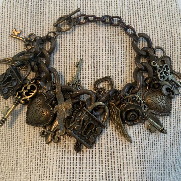 Multi Charm Bracelet Dark Gold Tone 7″ - Picture 9 of 13